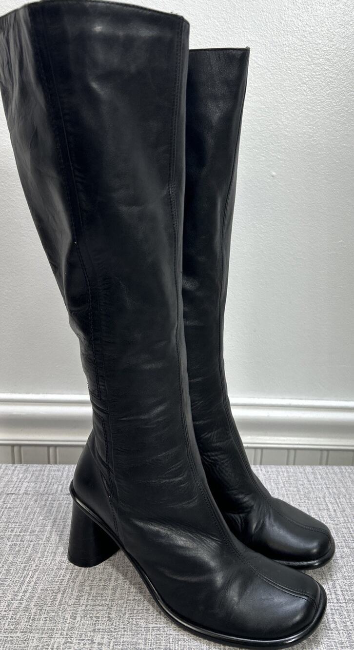 Zita Maria Italy Black Square Toe Tall Leather Boots 36 EU 6 US 2.25" Block Heel
